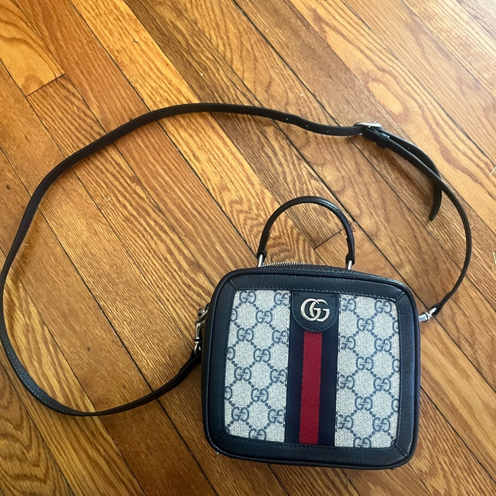 Authentic Gucci Monogram Crossbody Bag with Red and Blue Accents